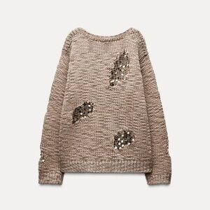 Zara Chunky Beige Sequin Patch Oversized Knit Sweater w/ Wool Size L